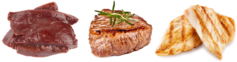 Iron rich foods - Liver, beef steak and chicken