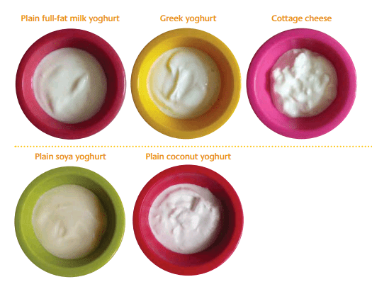 Dairy examples - Plain full-fat milk yoghurt, greek yoghurt, cottage cheese, plain soya yoghurt and plain coconut yoghurt
