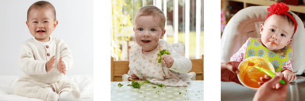 Baby sitting up, demonstrating hand-eye coordination and swallowing food