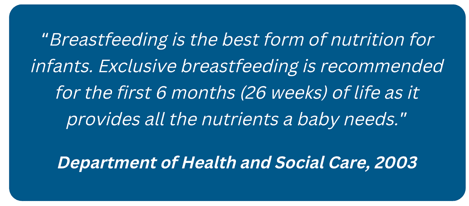 Department of Health and Social Care Statement on Breastfeeding, 2003. "Breastfeeding is the best form of nutrition for infants. Exclusive breastfeeding is recommended for the first 6 months (26 weeks) of life as it provides all the nutrients a baby needs."
