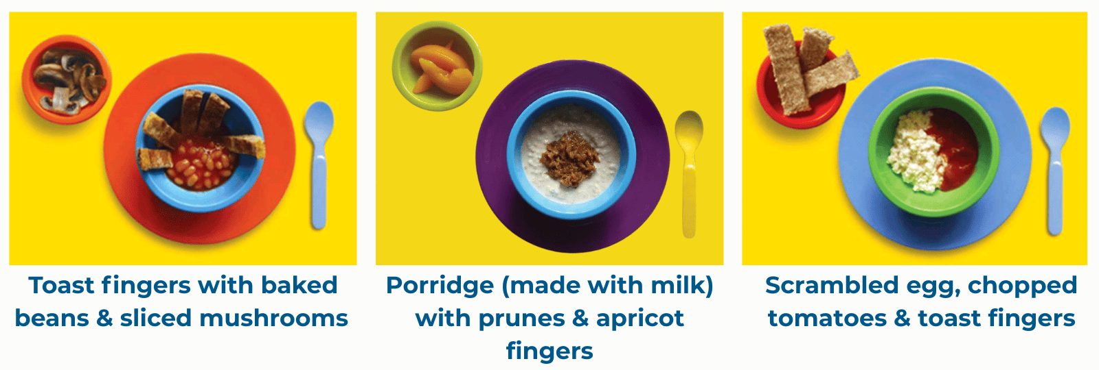 Breakfast examples: Toast fingers with baked beans & sliced mushrooms Scrambled egg, chopped tomatoes & toast fingers Porridge (made with milk) with prunes & apricot fingers