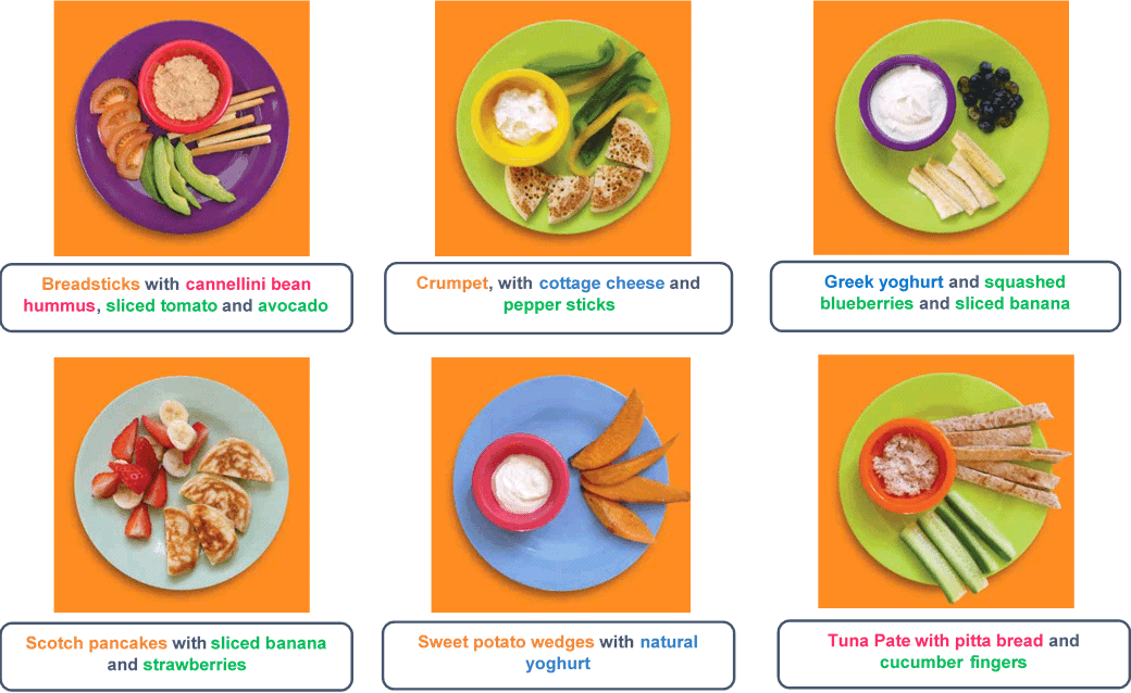 Snack Examples Eat Better, Start Better: Breadsticks with cannellini bean hummus, sliced tomato and avocado. Crumpet with cottage cheese and pepper sticks. Greek yoghurt and squashed blueberries and sliced banana. Scotch pancakes with sliced banana and strawberries. Sweet potato wedges with natural yoghurt. Tuna pate with pitta bread and cucumber fingers.