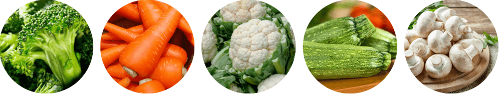 Images of weaning vegetables including carrots, broccoli, cauliflower, courgette and mushrooms