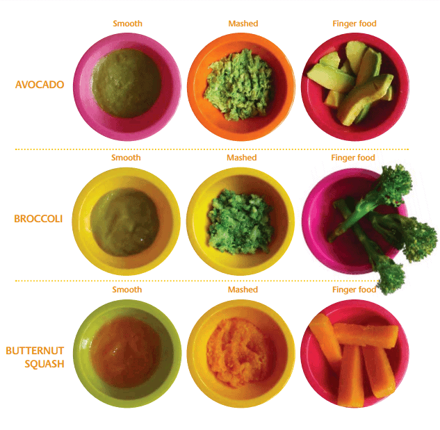 Examples of different textured foods. Avocado - smooth, mashed and as finger food. Broccoli - smooth, mashed and as finger food. Butternut Squash - smooth, mashed and as finger food.