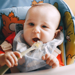 Baby holding a spoon and feeding himself