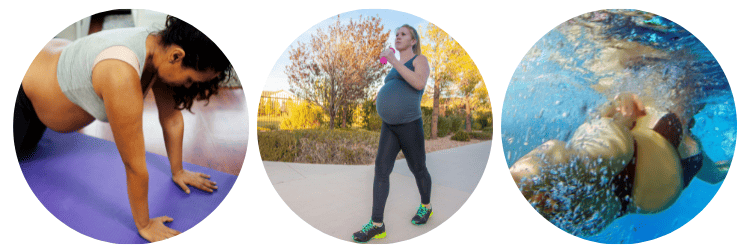 Women keeping active in pregnancy. Image 1- pregnant woman doing yoga. Image 2- pregnant woman walking outside. Image 3- Pregnant woman swimming.