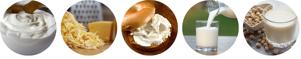 Dairy and dairy alternative food examples- yoghurt, cheese, cream cheese, cow's milk and pea milk