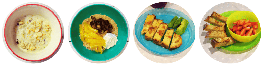 Breakfast IIdeas- breakfast couscous, date, orange and natural yoghurt porridge, eggy bread with sliced avocado, and french toast with sliced strawberries