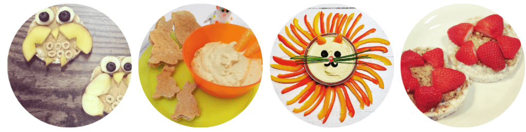 Snack Ideas 2. Fruit Hooty Owls. Hummus and Pitta Shapes. Pepper Sticks and Hummus Lion. Rice Cakes with Nut Butter and Strawberries.