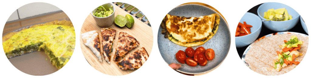 Lunch and Tea Ideas- cheese and bean quiche, black bean and sweet potato quesadillas, Cheesy Mushroom and Parsley Omelette, and Chicken, Pepper and Avocado Wraps.