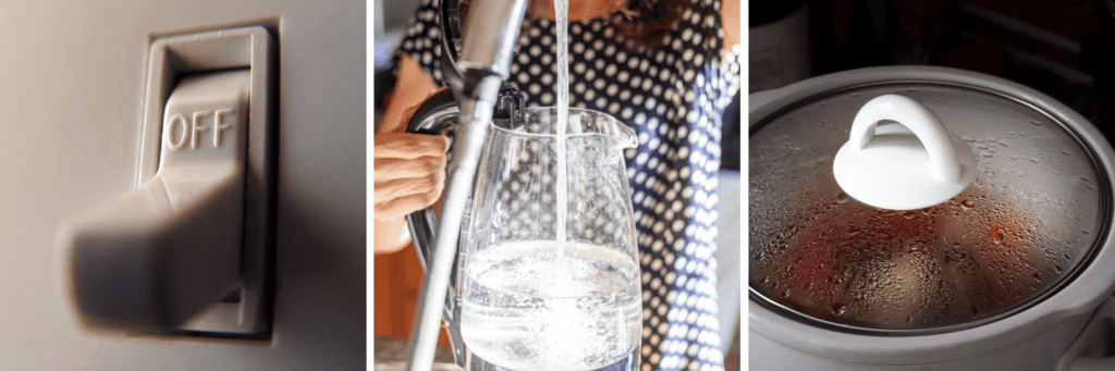 Images with TIps for saving energy for example, turning the switch off for appliances, only using the amount of water you need when filling the kettle and covering pots and pans to reduce heat loss.