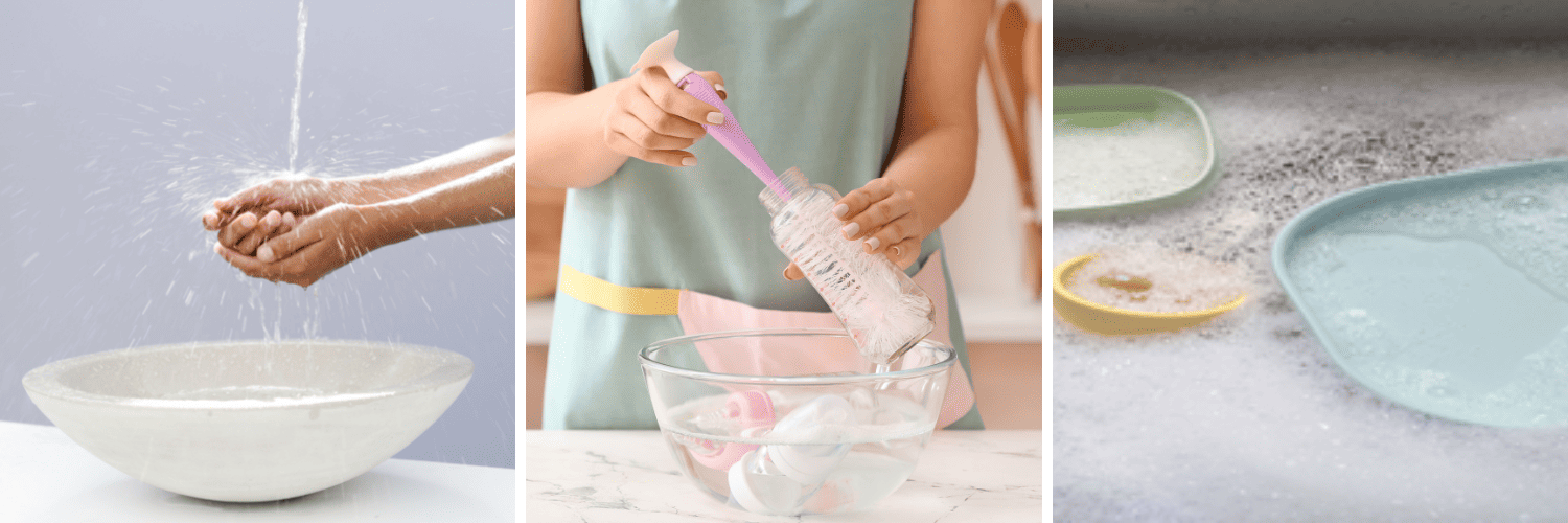 Image of washing hands, seterilising baby bottles, washing bowls in hot soapy water
