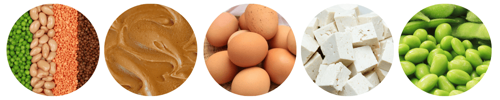 Vegetarian Protein Foods, such as beans, pulses, lentils, smooth nut and seed butters, eggs, tofy and soyabeans