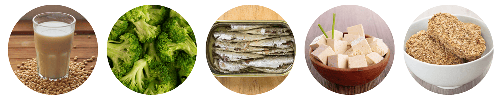Non-dairy calcium foods, include: - calcium fortified milk alternatives - dark green, leafy vegetables, such as broccoli - canned sardines and salmon with bones - tofu - foods fortified with calcium, such as cereals.