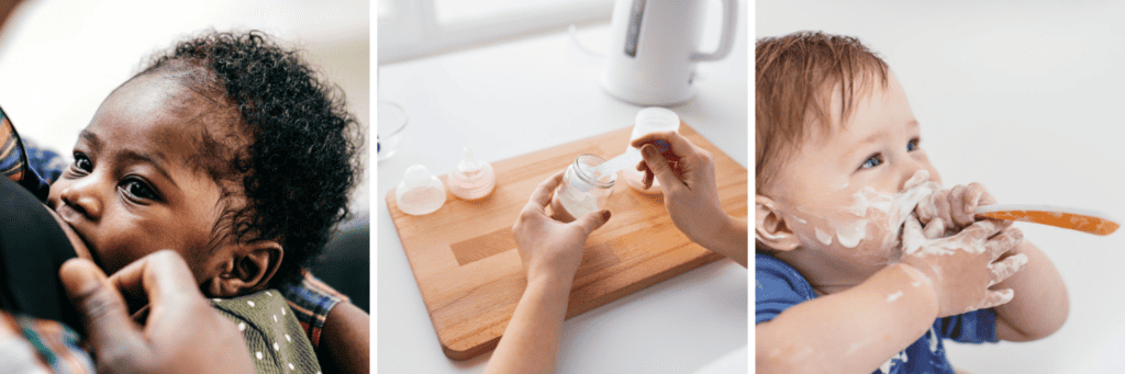 Baby being breastfeeding, formula milk preparation, baby taking food from a spoon