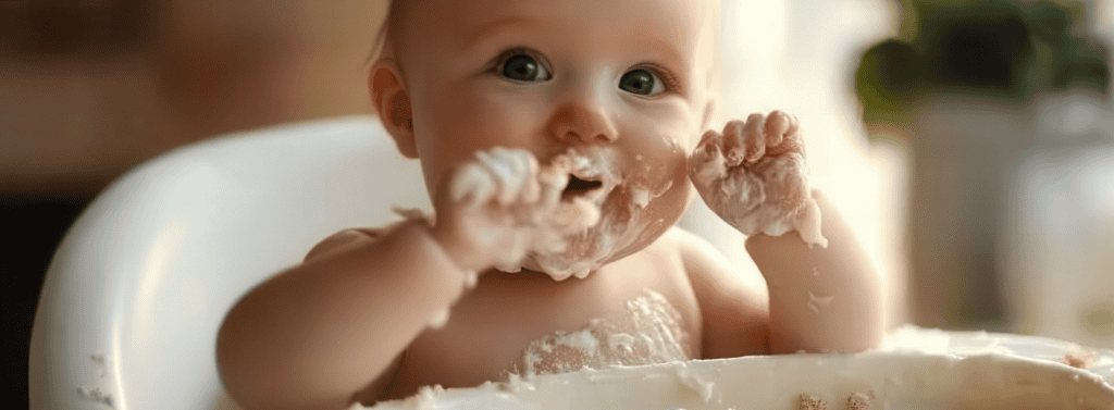 Baby enjoing breakfast and exploring food