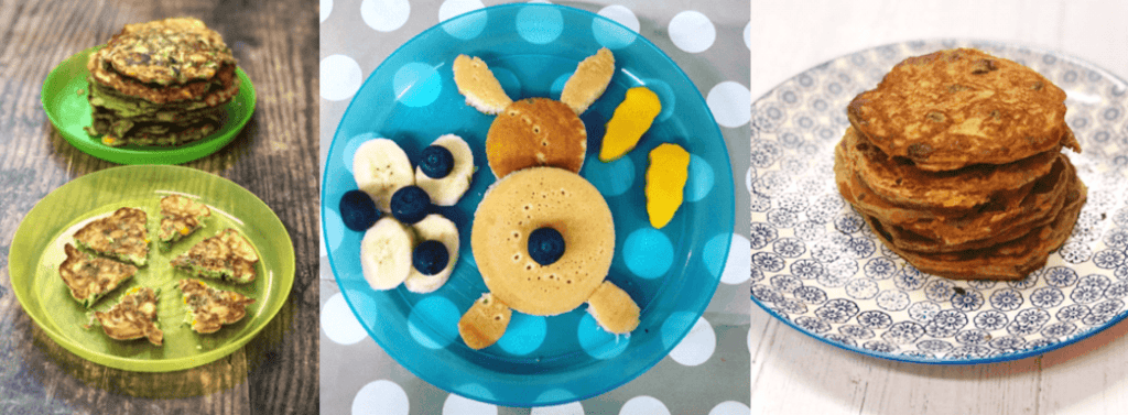 Pancakes: 1) cheese and sweetcorn. 2) Bouncing bunny scotch pancakes. 3) Carrot and sultana pancakes.