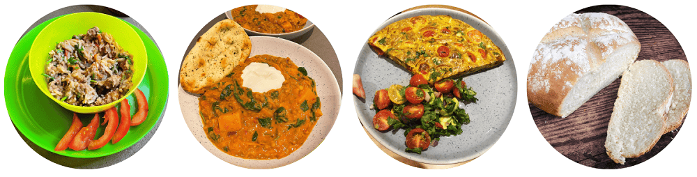 Lunch and Tea Ideas: Keema Chawal, Lentil, spinach and coconut curry, masala frittata and no-salt bread