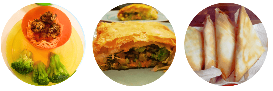 Lunch and Tea Ideas: vegetarian meatballs with pasta and broccoli, vegetables pastry bites, and baked vegetables samosas