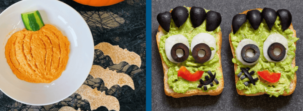 Hallow inspired recipes- pumpkin hummus and Frankenstein avocado toast