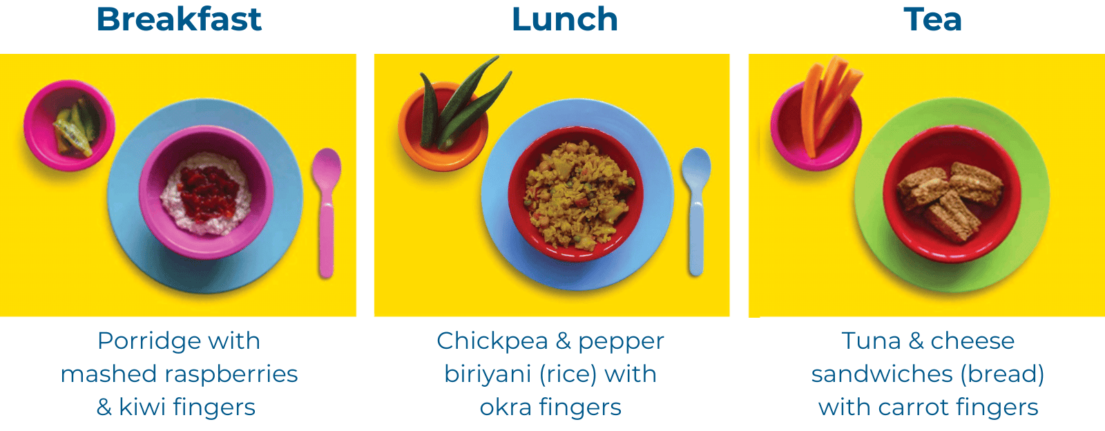 Example main meal ideas Example Meal Ideas: - Porridge with mashed raspberries & kiwi fingers - Chickpea & pepper biriyani (rice) with okra fingers - Tuna & cheese sandwiches (bread) with carrot fingers