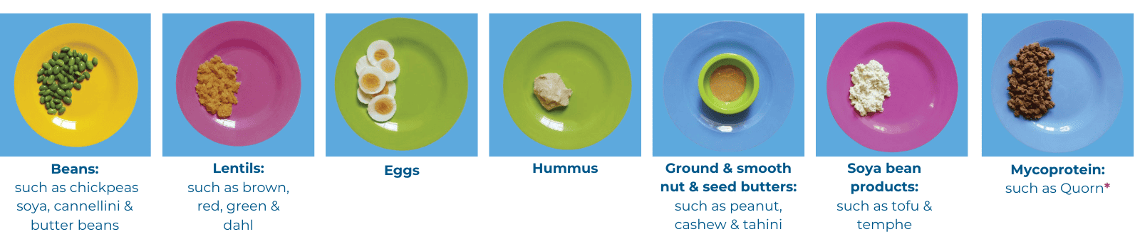 Vegetarian protein foods examples: Hummus Beans: such as chickpeas soya, cannellini & butter beans Lentils: such as brown, red, green & dahl Ground & smooth nut & seed butters: such as peanut, cashew & tahini Soya bean products: such as tofu & temphe Mycoprotein: such as Quorn*
